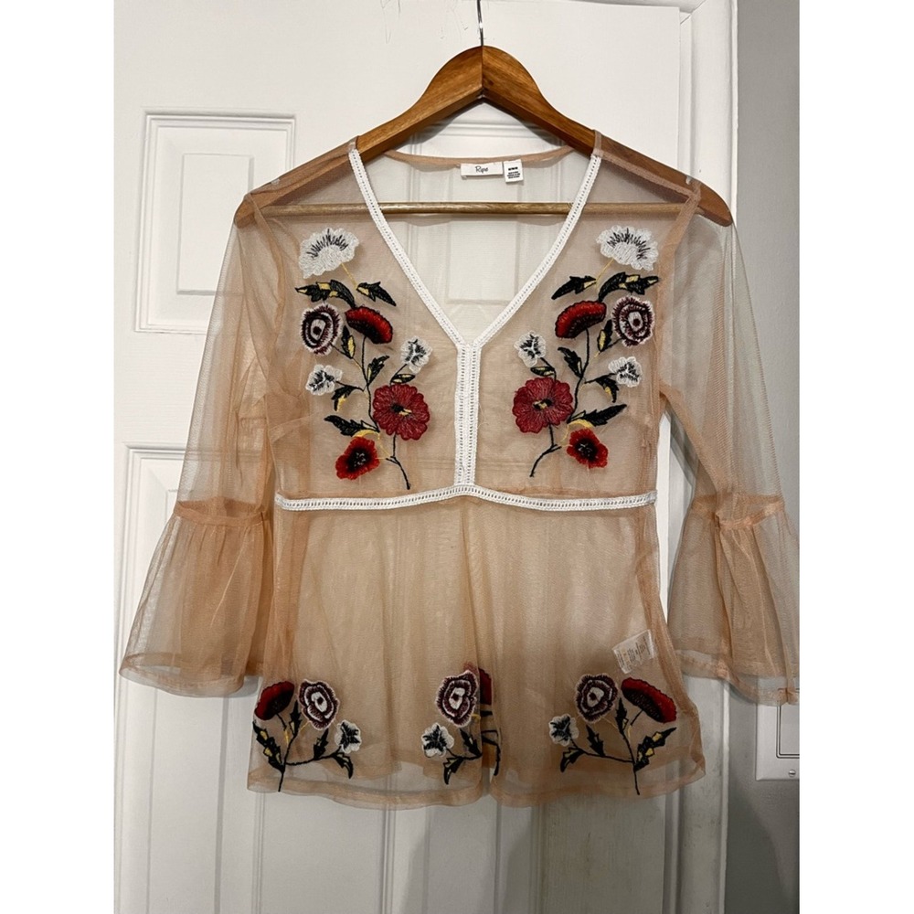 Ripe Sheer Beige Embroidered Floral Blouse with Red Accents